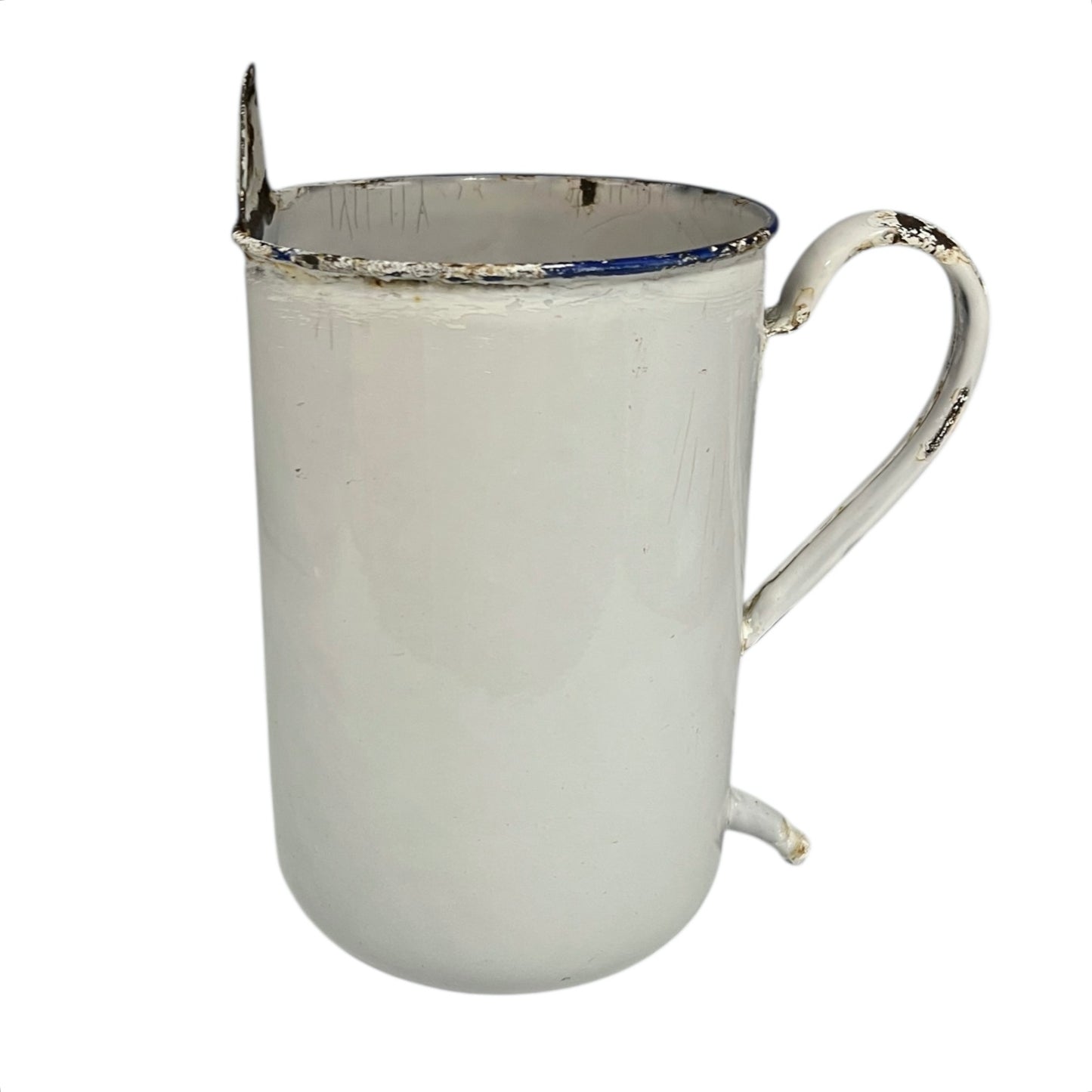 French vintage enamel irrigator in white with a blue trim in a well worn condition for sale 