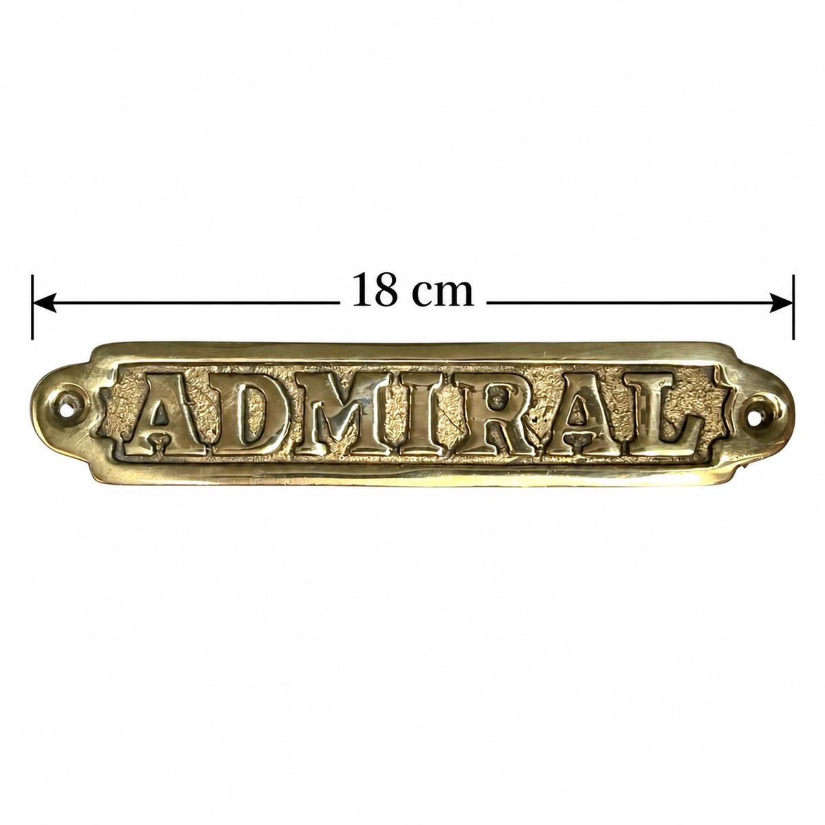 A brass Admiral door plaque with a black measure and text showing a size of 18cm displayed on a white background