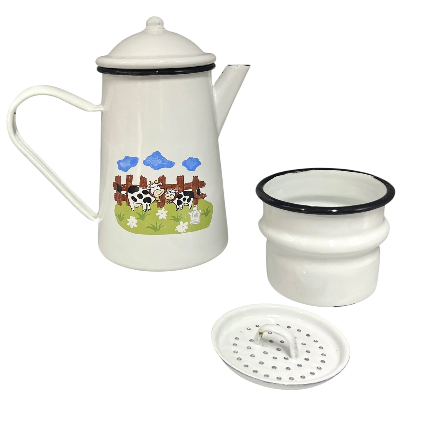White enamel coffee pot or teapot with farm design on a white background
