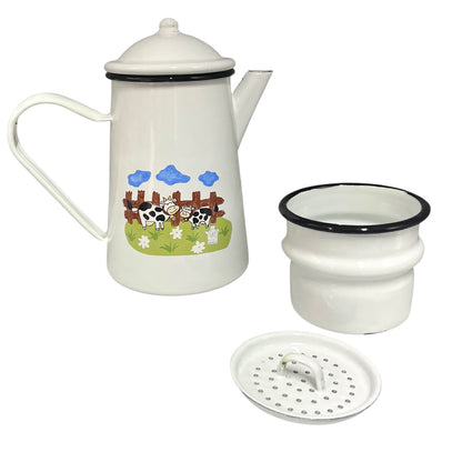 White enamel coffee pot or teapot with farm design on a white background