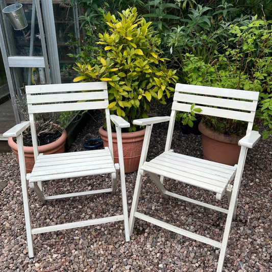 A pair of French vintage wooden slatted garden folding chairs set in a charming garden with a greenhouse, potted plants, and a gravel path, perfect for creating a rustic country cottage vibe.