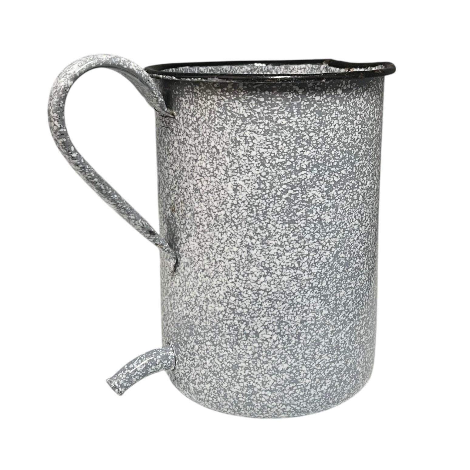 Vintage French grey and white speckled irrigator with a spout and a handle on a white background