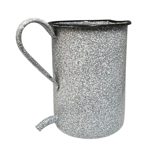 Vintage French grey and white speckled irrigator with a spout and a handle on a white background