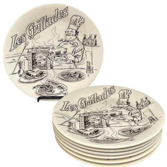 Set of 7 French vintage 'Les Grillades' plates with black line art design on a white background
