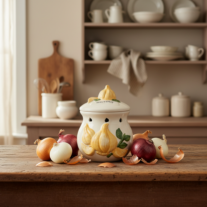 Decorative ceramic jar with onion design on a wooden table in a kitchen setting.