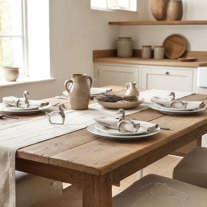 Dining table set with plates, napkins, and cutlery in a bright kitchen.