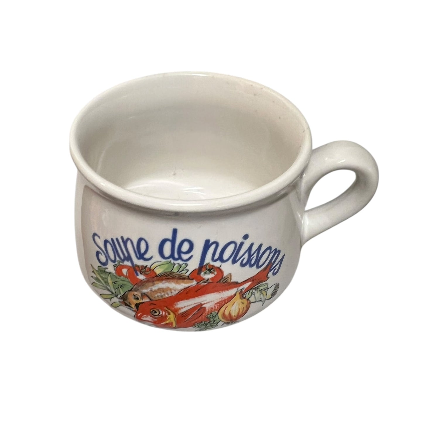 White mug with colorful fish design and text on a white background