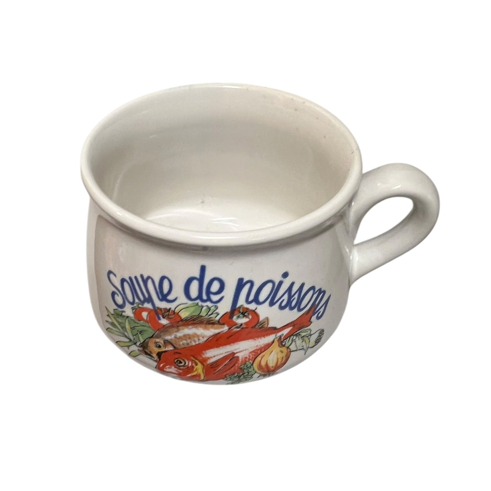 White mug with colorful fish design and text on a white background