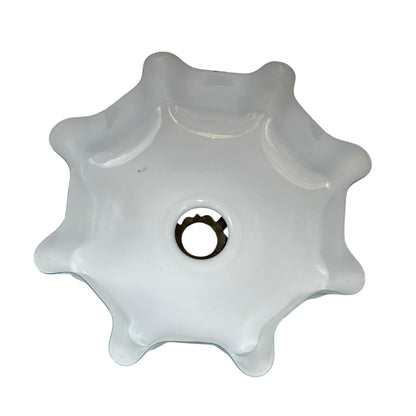 Close up of vintage blue glass lamp shade with brass fitting on a white background