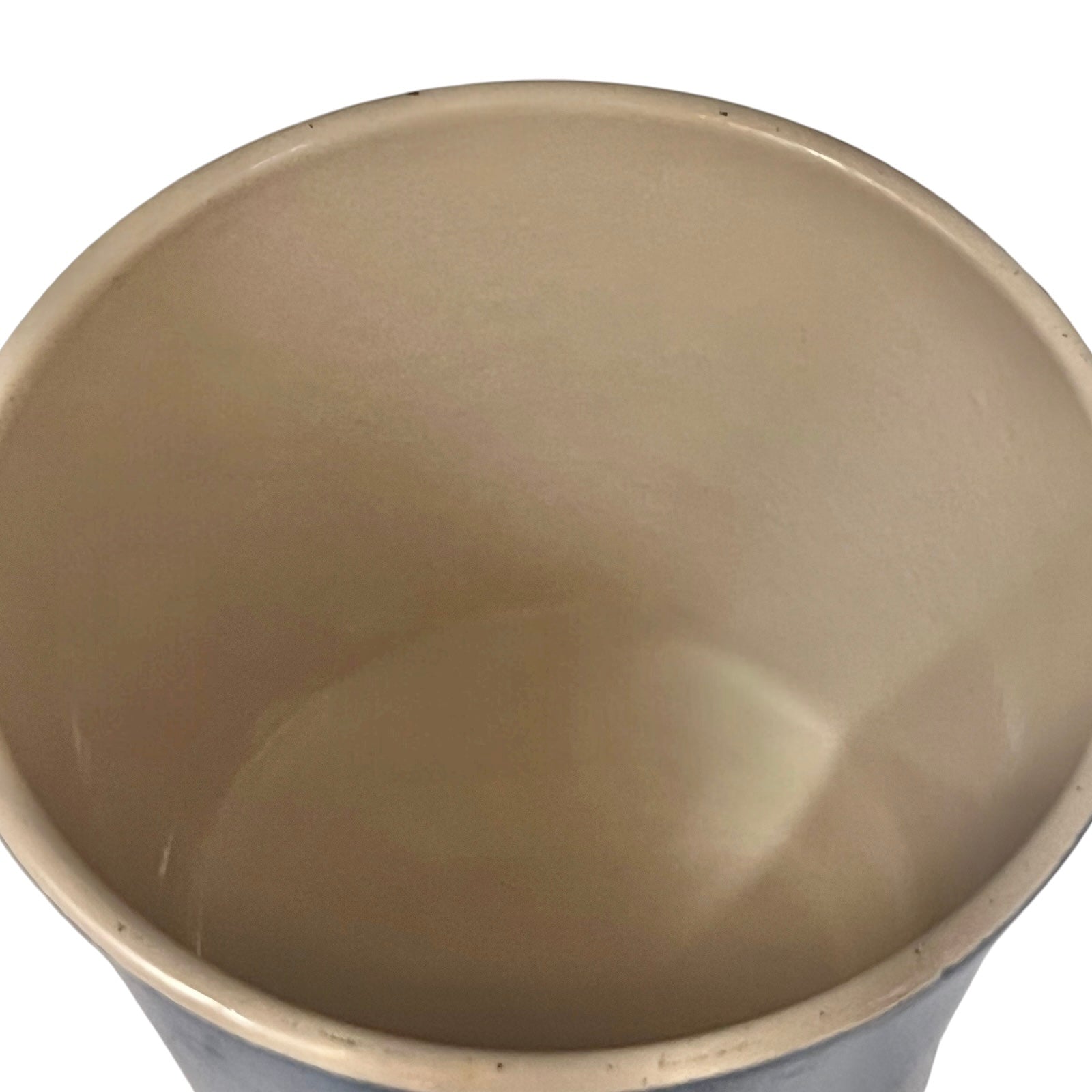 close up of  cast iron pan with beige interior on a white background