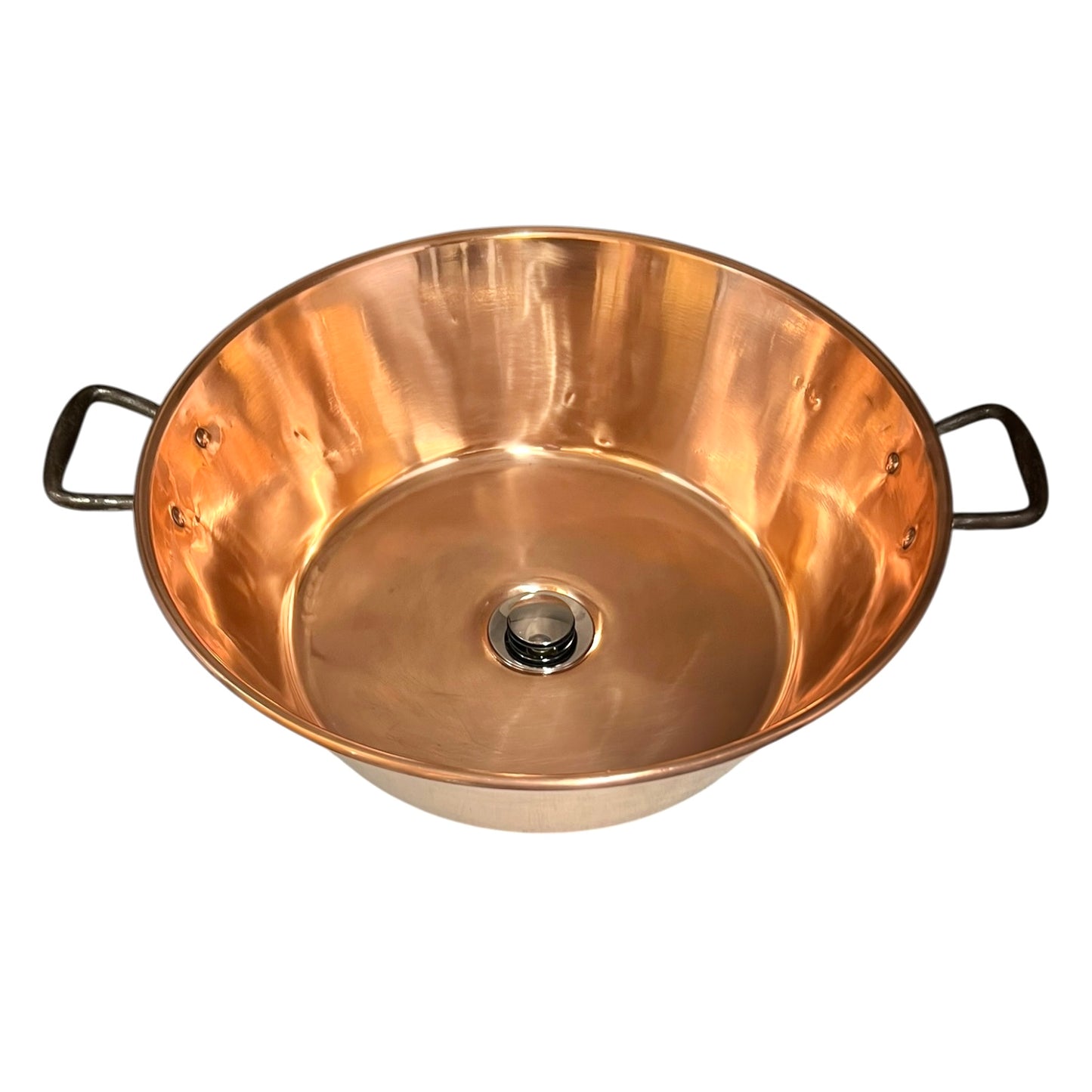 Copper up cycled basin sink with handles and a chrome pop up waste drain, ideal for a rustic bathroom or camper conversion on a white background