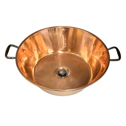 Copper up cycled basin sink with handles and a chrome pop up waste drain, ideal for a rustic bathroom or camper conversion on a white background