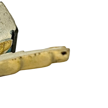 A close-up of a small beige animal tooth or bone fragment with a dark hole near one end, shown against a plain white background.