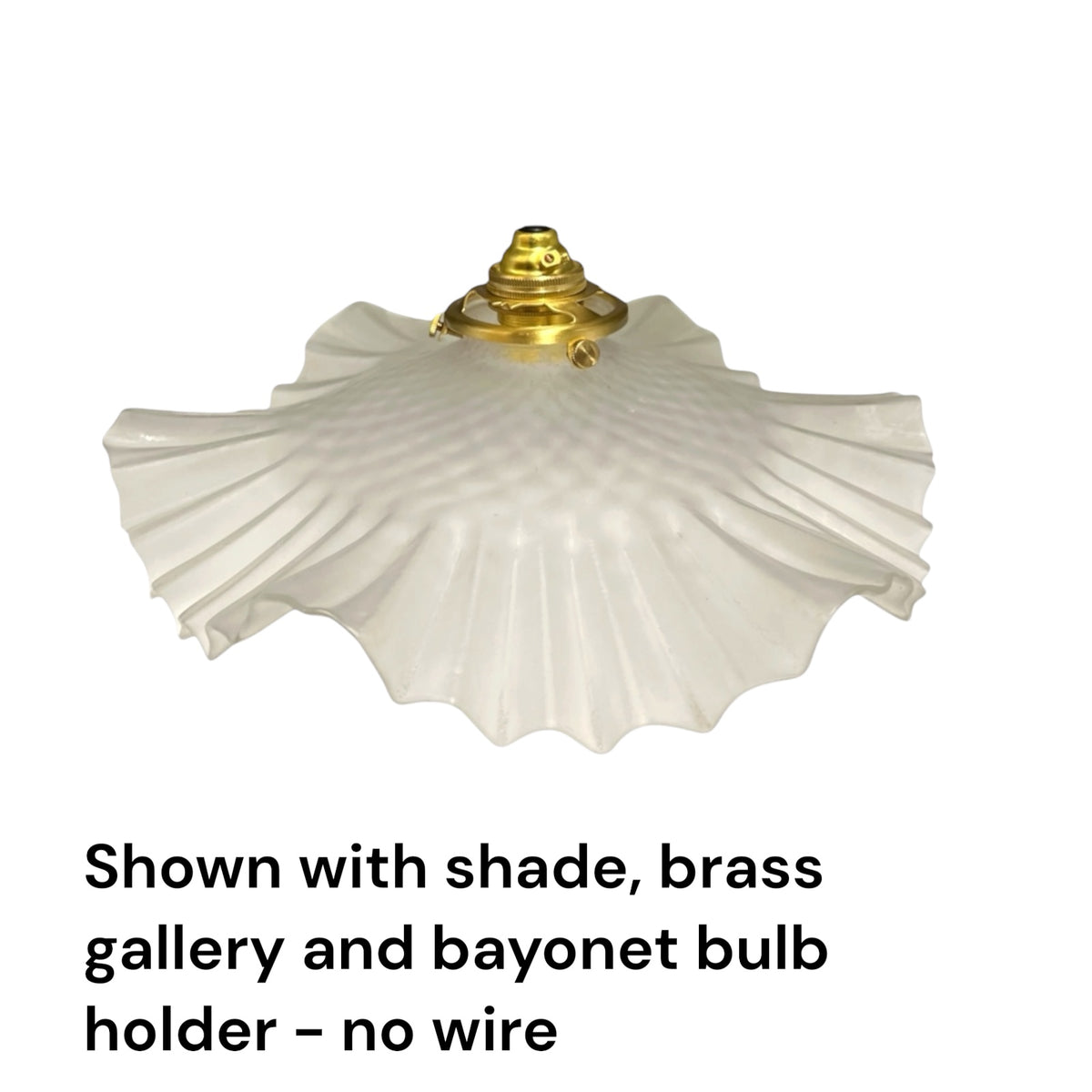 A vintage-style ceiling light fixture shade with a fluted, scalloped edge and a textured ribbed surface, shown with a brass ceiling mount and bayonet bulb holder against a white background, with a text overlay at the bottom.