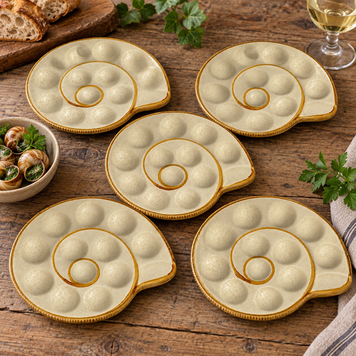 Vintage French Ceramic Escargot Plates – Set of 5 Snail Serving Dishes