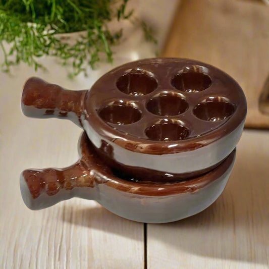 Pair of brown French Vintage Escargots Snail Plates, Stuffed Mushroom Dishes for sale from All Things French Store