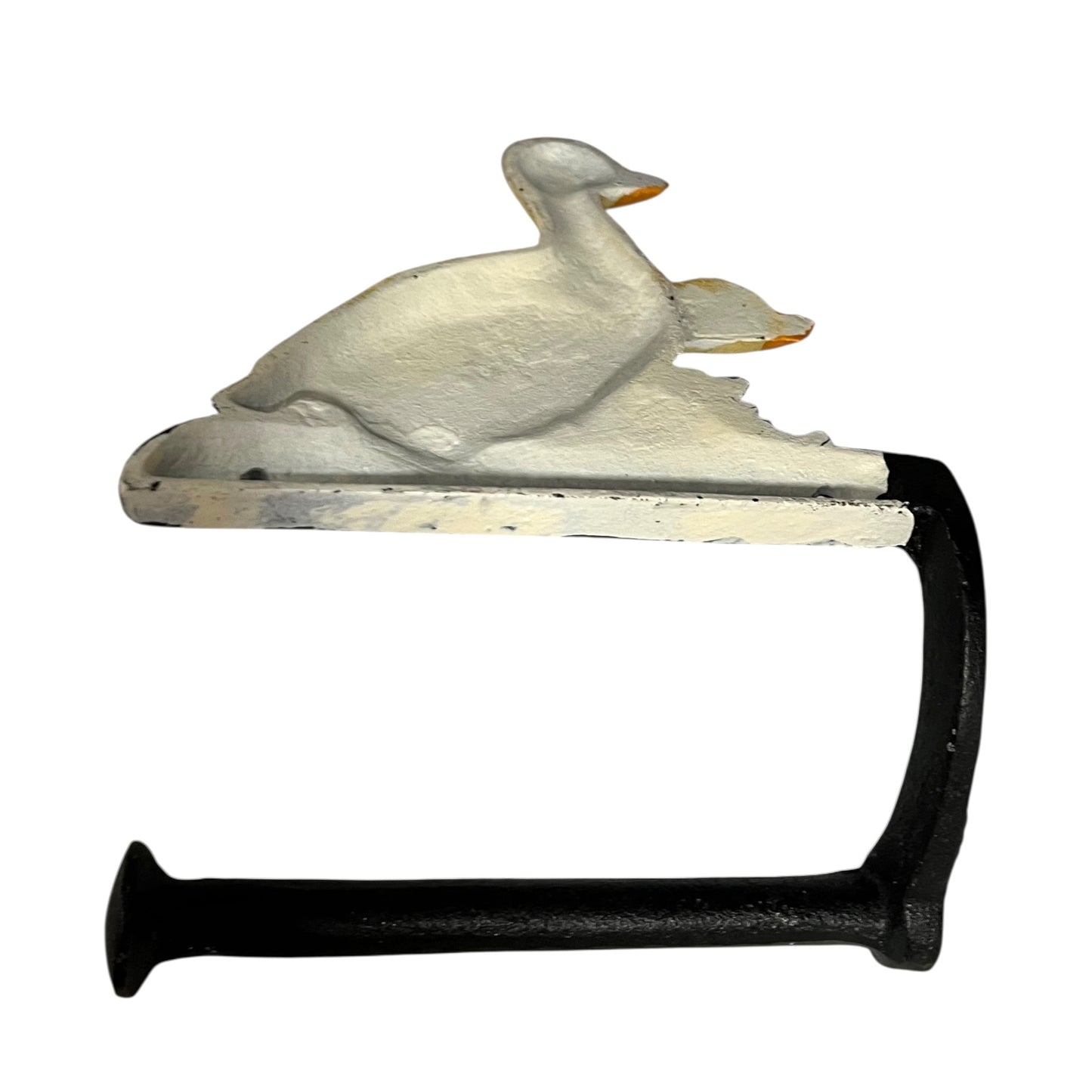Close up of French farmhouse style goose cast iron toilet roll holder on a white background