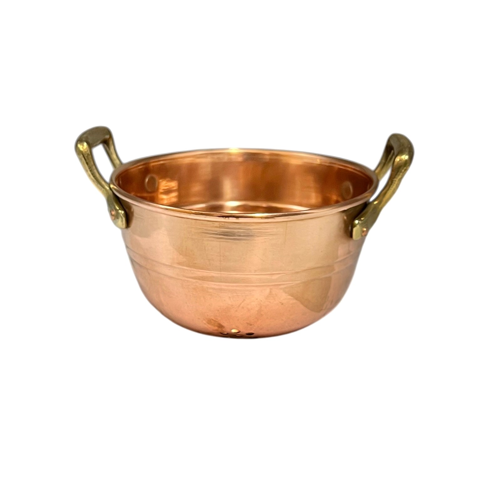 A copper colander with two curved handles, photographed on a plain white background.