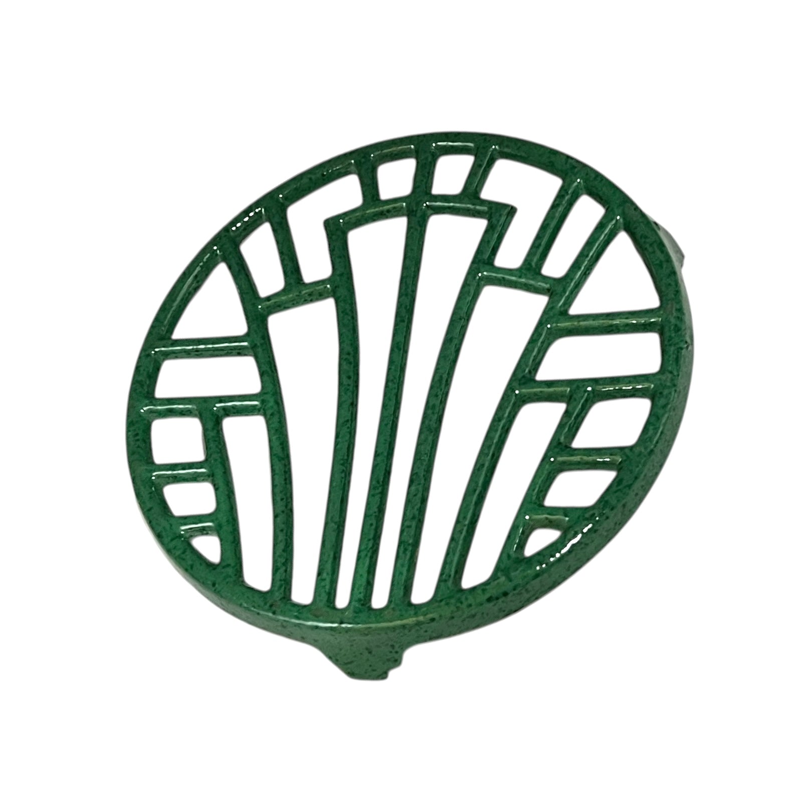 Green vintage French cast iron enamelled pan trivet on a white background
