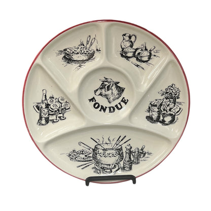 Divided plate with fondue-themed illustrations on a white background