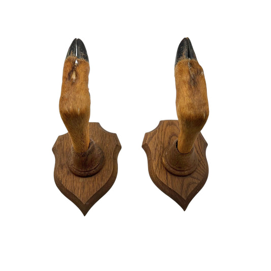 Pair of wooden deer hooves wall mounts on a white background