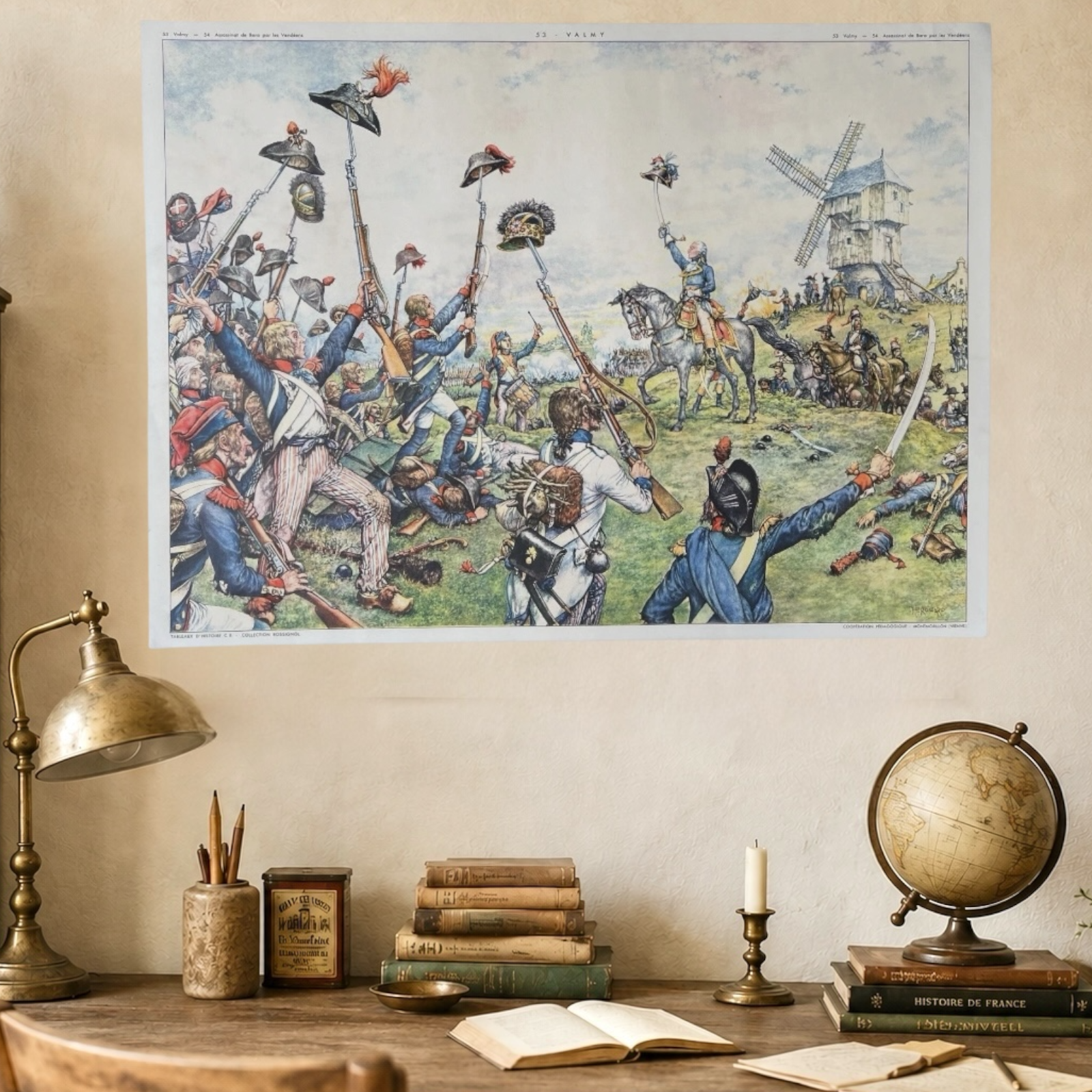 Historical battle scene print on a wall above a desk with books and a globe.