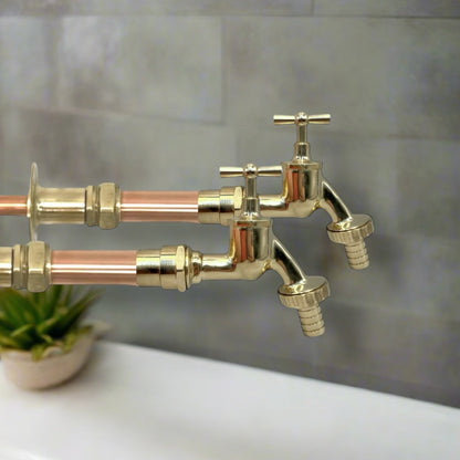 Pair of copper and brass wall taps with detachable nozzles on a grey background with a white counter and a plant