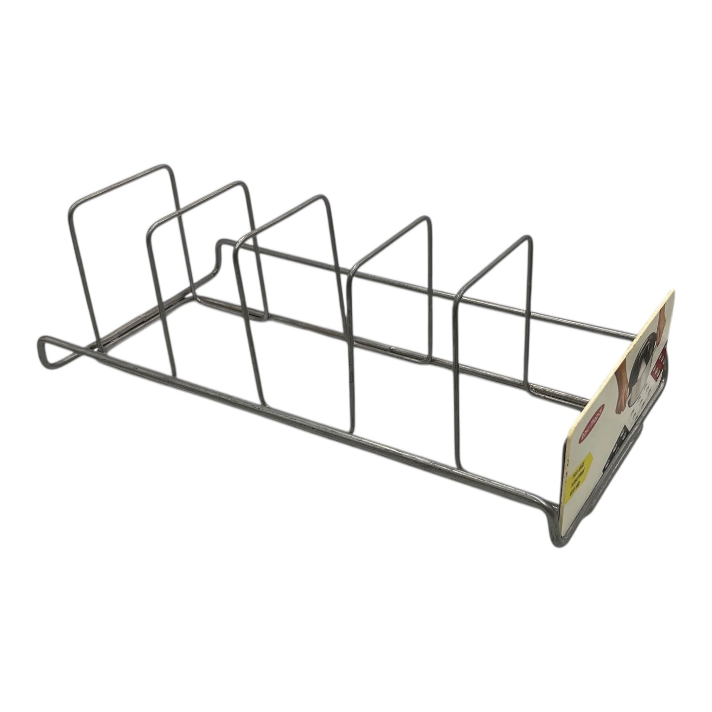 Metal rack with a shop display sign on a white background