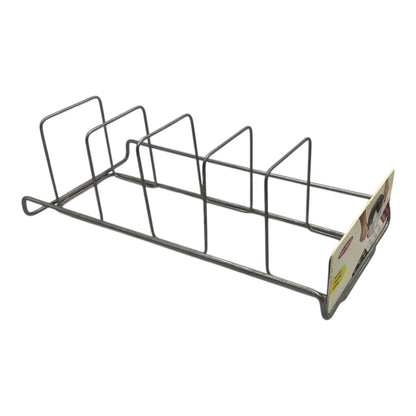 Metal rack with a shop display sign on a white background