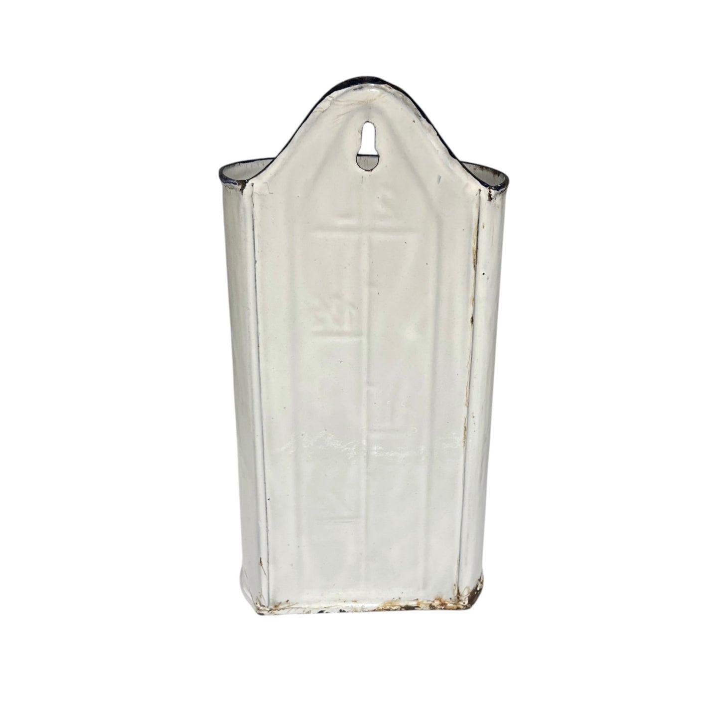 A vintage French enamel irrigator with a small cross embossed on the front and a hanging loop at the top, shown against a plain white background.