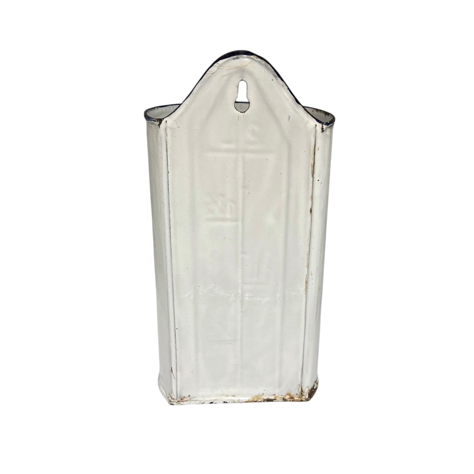 A vintage French enamel irrigator with a small cross embossed on the front and a hanging loop at the top, shown against a plain white background.