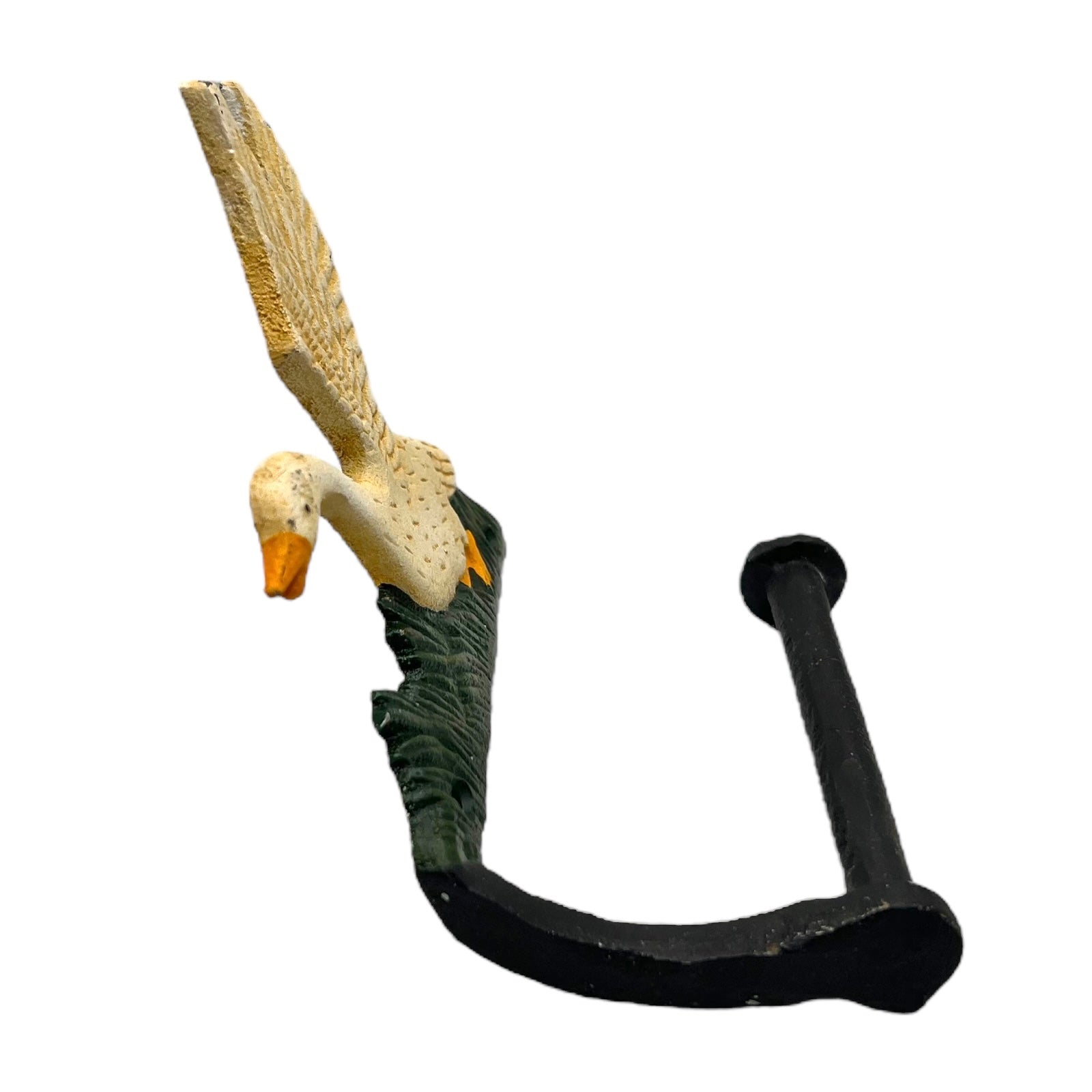 close up of toilet paper holder with a goose design on a white background
