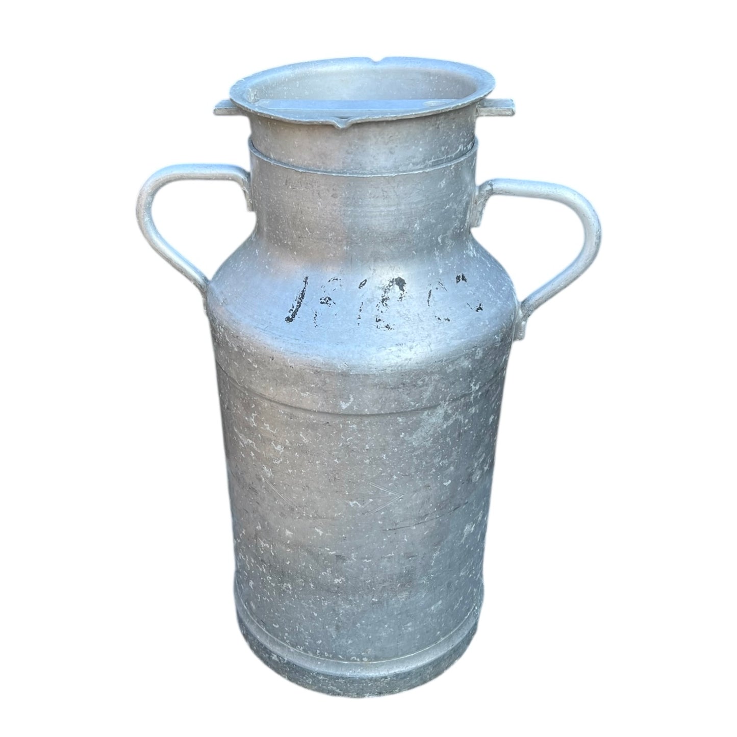 Vintage French aluminium milk churn with a lid on a white background