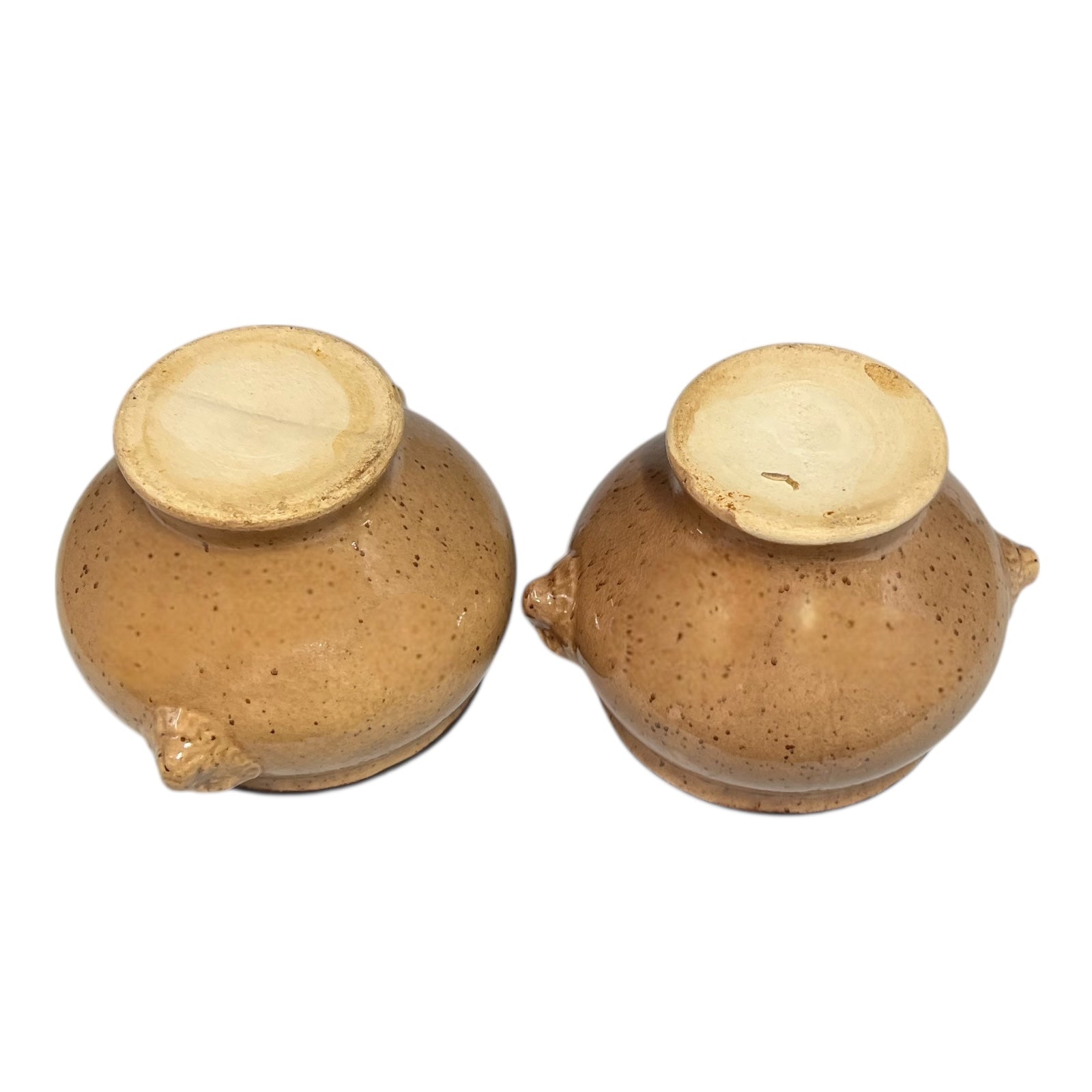 Two French soup bowls with lions head handles on a white background