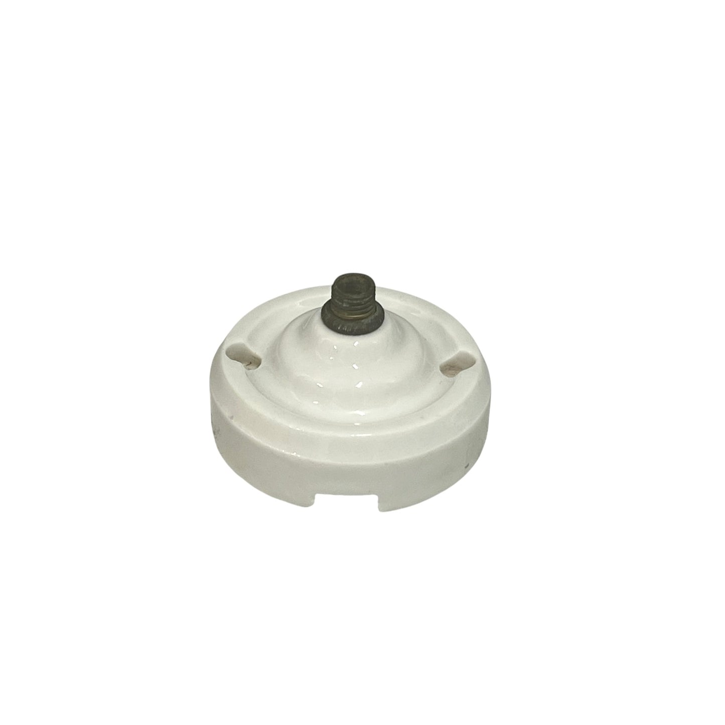 White French porcelain ceiling light rose fitting with a brass screw and 2 screw holes on a white background