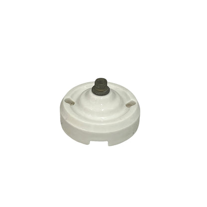 White French porcelain ceiling light rose fitting with a brass screw and 2 screw holes on a white background