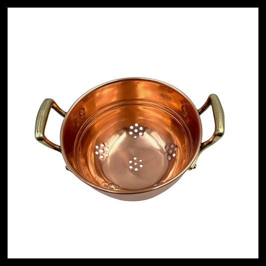 Small French copper colander with brass side handles for sale by All Things French Store