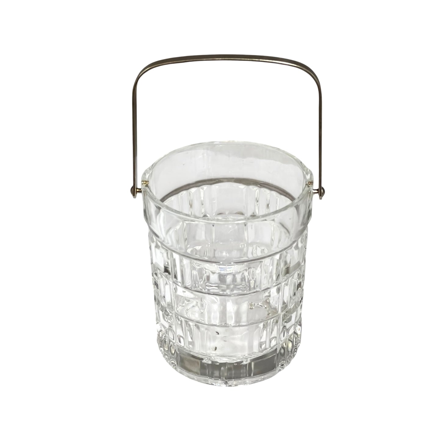 A clear glass bucket with a textured, faceted pattern and a curved metal handle, shown on a plain white background.