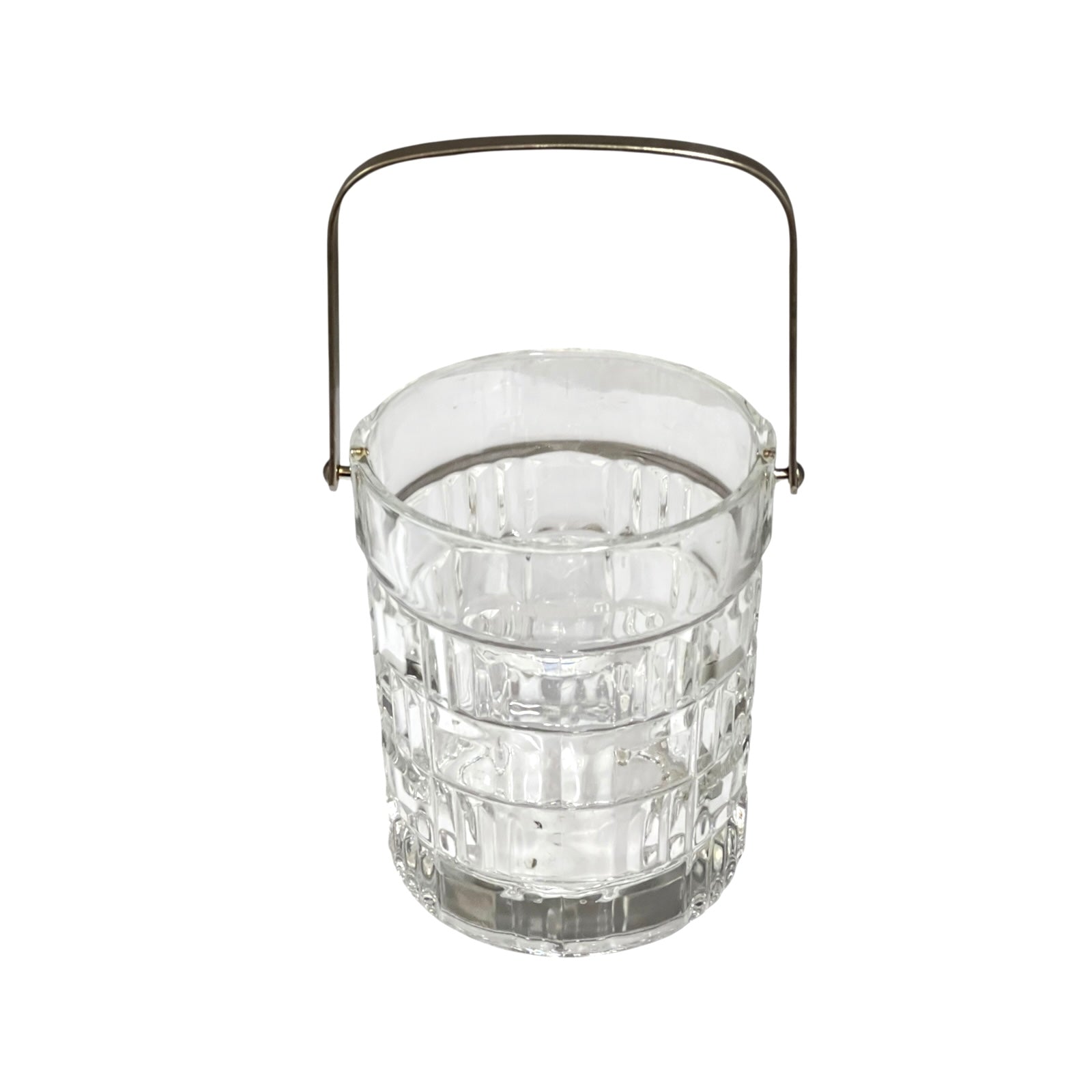 A clear glass bucket with a textured, faceted pattern and a curved metal handle, shown on a plain white background.