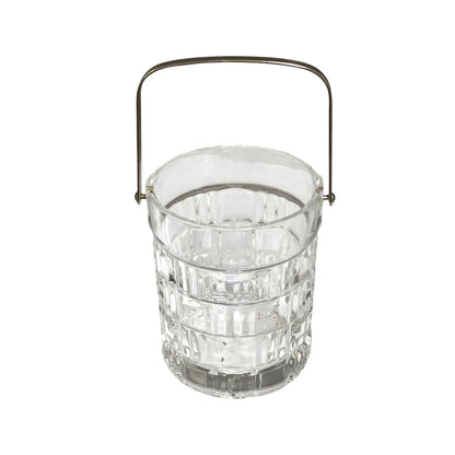 A clear glass bucket with a textured, faceted pattern and a curved metal handle, shown on a plain white background.