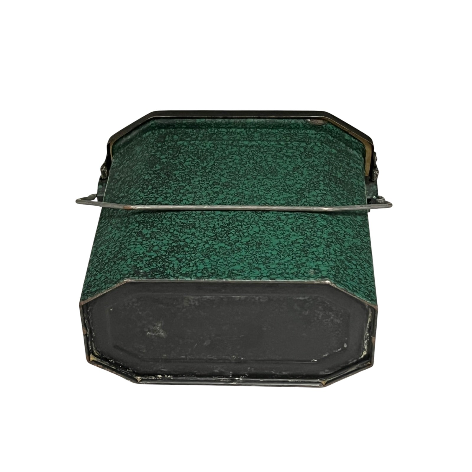 Close up of a French enamel lunch box on a white background