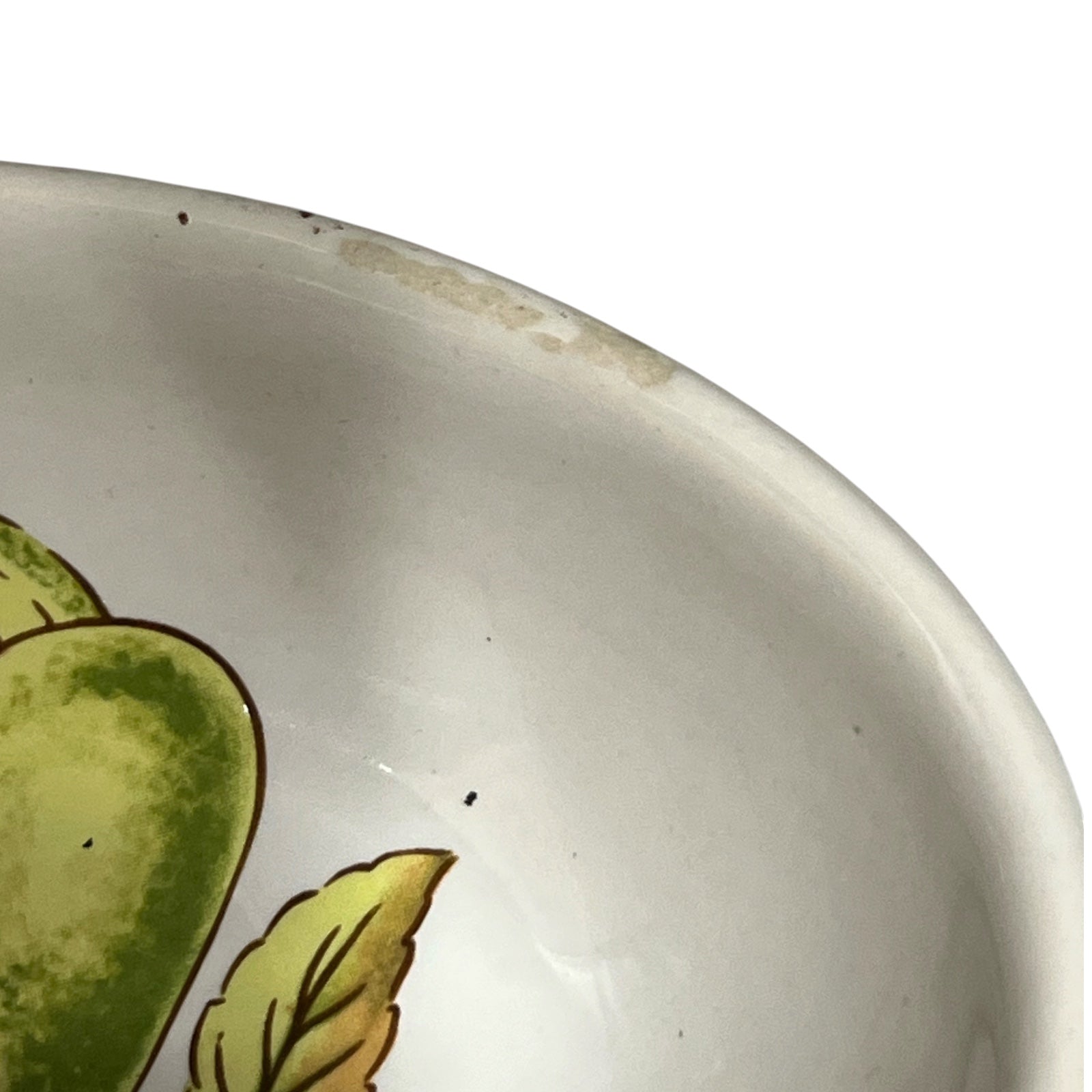 Close-up of the interior rim of a white ceramic bowl featuring a green and yellow painted fruit or leaf motif, with some surface wear and small specks visible.