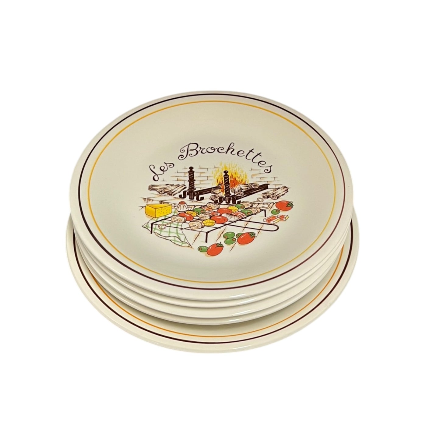 Set of round ceramic plates with decorative design and 'Les Brochettes' text on a white background
