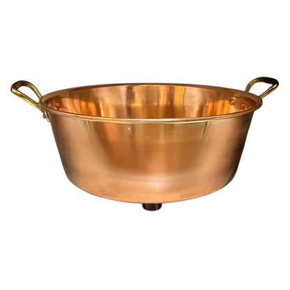 A copper sink with two loop handles on a plain white background.