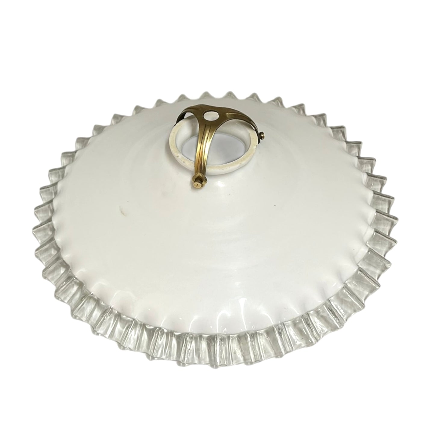 Vintage-style ceiling light fixture with white glass shade and brass fitting on a white background