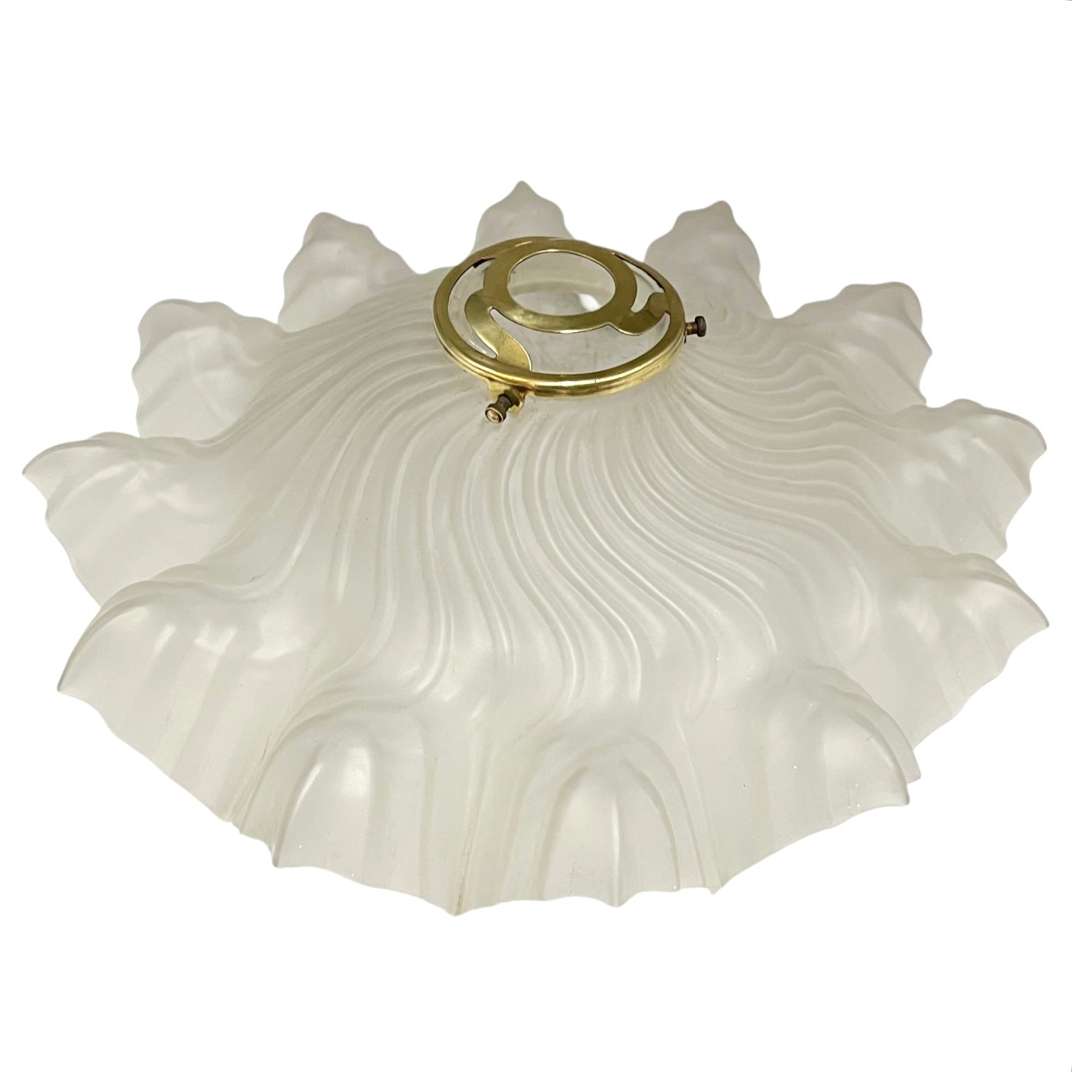 French vintage frosted glass frilled edge lampshade with a brass gallery collar on a white background 
