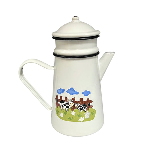 White enamel coffee pot or teapot with farm design on a white background