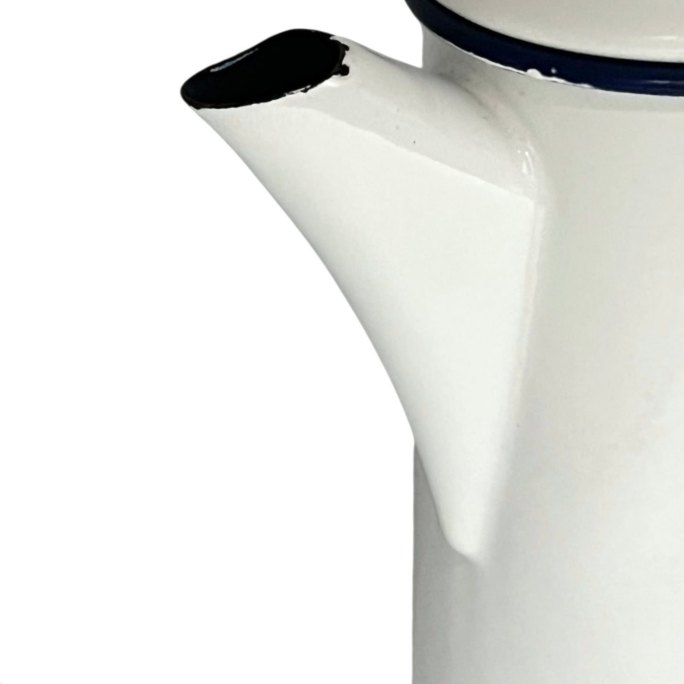 Close up of an enamel coffee pot on a white background