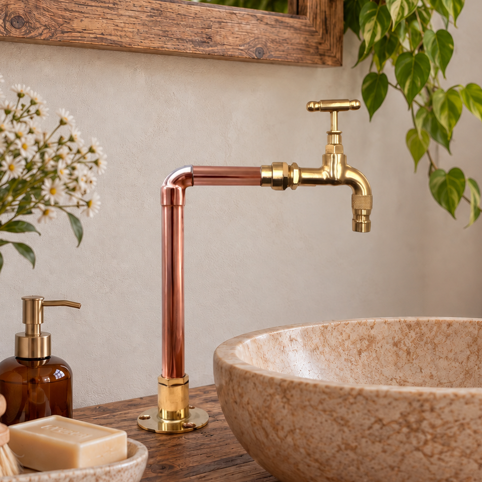 A rustic bathroom scene featuring a copper and brass gooseneck faucet mounted above a large beige stone vessel sink on a wooden vanity. The background includes a wooden mirror frame, a hanging green plant, a white pitcher of daisies, a brown soap dispenser, and a beige towel.