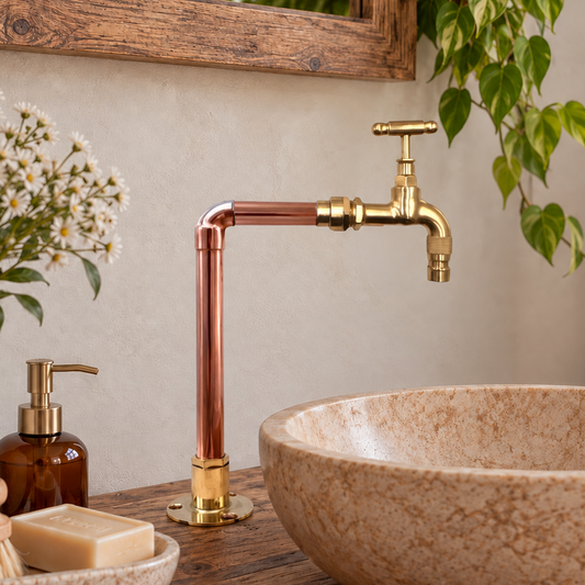 A rustic bathroom scene featuring a copper and brass gooseneck faucet mounted above a large beige stone vessel sink on a wooden vanity. The background includes a wooden mirror frame, a hanging green plant, a white pitcher of daisies, a brown soap dispenser, and a beige towel.